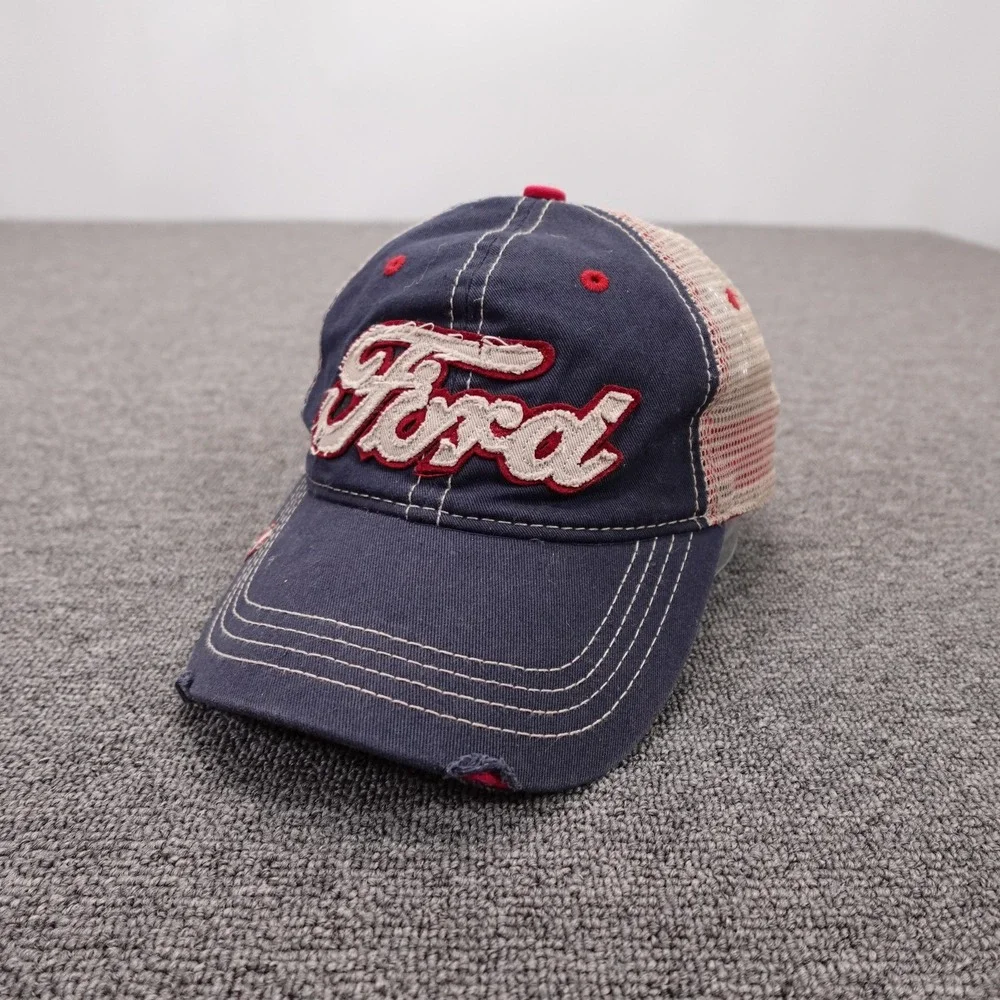 Ford Hat Cap Snap Back Mens One Size Blue Mesh Trucker Distressed Baseball Logo